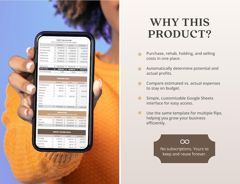 May include: A smartphone displaying a profit calculation spreadsheet is held by a person wearing an orange sweater. The screen shows financial data with headings like "Purchase Costs" and "Selling Price." Text on the right side explains the product's features.