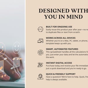 May include: A digital product advertisement with the text "DESIGNED WITH YOU IN MIND." The text highlights features like ongoing use, compatibility across devices, smart automated features, instant digital access, and quick support. A hand is shown using a laptop.