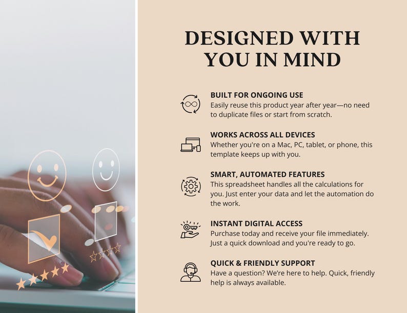 May include: A digital product advertisement with the text "DESIGNED WITH YOU IN MIND." The text highlights features like ongoing use, compatibility across devices, smart automated features, instant digital access, and quick support. A hand is shown using a laptop.