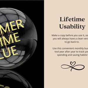 May include: A digital graphic featuring a black lightbulb with the yellow text CUSTOMER LIFETIME VALUE. The right side is a beige panel with the text Lifetime Usability, instructions to make a copy, and a black infinity heart symbol at the bottom.