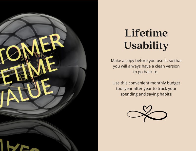 May include: A digital graphic featuring a black lightbulb with the yellow text CUSTOMER LIFETIME VALUE. The right side is a beige panel with the text Lifetime Usability, instructions to make a copy, and a black infinity heart symbol at the bottom.