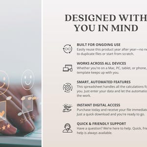 K&ouml;nnte beinhalten: Das Bild zeigt den Text &bdquo;DESIGNED WITH YOU IN MIND&ldquo; und Aufz&auml;hlungszeichen, die die Produktmerkmale beschreiben. Eine Hand interagiert mit einer Computertastatur, mit &uuml;berlagerten Grafiken.