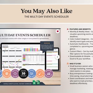 K&ouml;nnte beinhalten: Werbung f&uuml;r einen Multi-Day-Event-Planer, die ein Tablet und zwei weitere Ger&auml;te zeigt, die die Benutzeroberfl&auml;che des Planers anzeigen. Die Oberfl&auml;che verf&uuml;gt &uuml;ber ein Kalenderlayout mit farbcodierten Kategorien und Ereignisverfolgung. Der Text enth&auml;lt "Multi Day Events Scheduler" und "Google Sheets & Excel Instant Download."