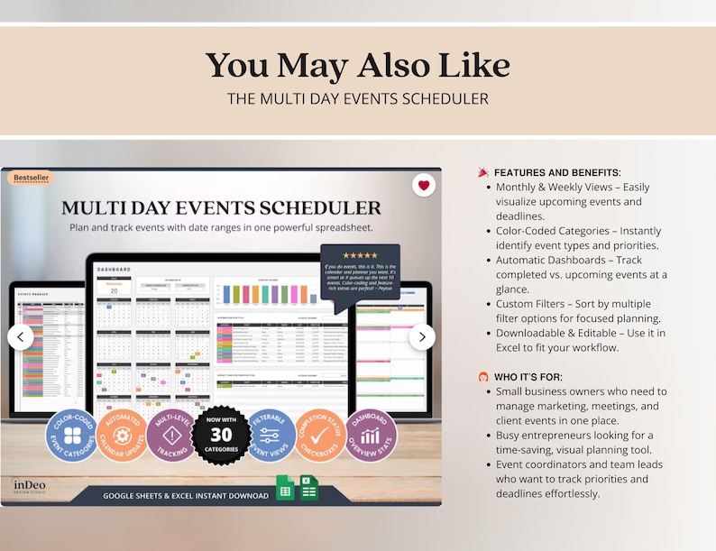 K&ouml;nnte beinhalten: Werbung f&uuml;r einen Multi-Day-Event-Planer, die ein Tablet und zwei weitere Ger&auml;te zeigt, die die Benutzeroberfl&auml;che des Planers anzeigen. Die Oberfl&auml;che verf&uuml;gt &uuml;ber ein Kalenderlayout mit farbcodierten Kategorien und Ereignisverfolgung. Der Text enth&auml;lt "Multi Day Events Scheduler" und "Google Sheets & Excel Instant Download."