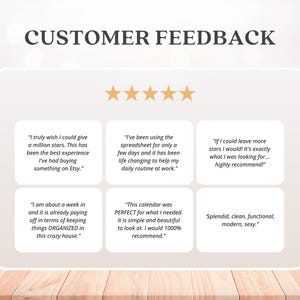 May include: A graphic with the text "CUSTOMER FEEDBACK" and five gold stars. The graphic includes customer testimonials about a product, with phrases like "life changing" and "highly recommend!"