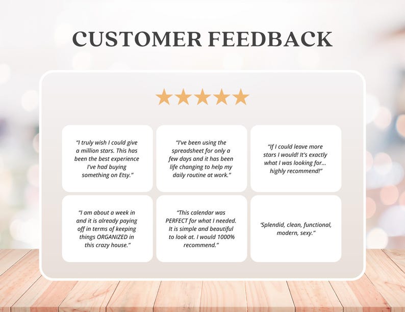 May include: A graphic with the text "CUSTOMER FEEDBACK" and five gold stars. The graphic includes customer testimonials about a product, with phrases like "life changing" and "highly recommend!"