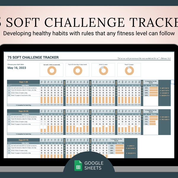 75 Soft Challenge, Google Sheets, Habit Tracker, Fitness Tracker, Digital Download