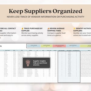 May include: A digital spreadsheet template titled Keep Suppliers Organized with sections to track vendor contact details, purchase activity, and shipping times. The table includes columns for supplier names, contact info, and purchase data with a lightbulb icon.