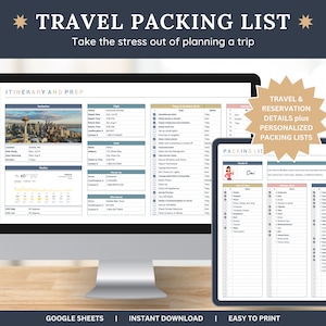May include: A digital printable travel packing list template with a checklist for travel and reservation details, plus personalized packing lists. The template is displayed on a computer screen and a tablet. The text "TRAVEL PACKING LIST" is at the top of the image. The text "GOOGLE SHEETS | INSTANT DOWNLOAD | EASY TO PRINT" is at the bottom of the image.