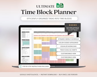Modèle Excel de planification des tâches par blocs horaires (hebdomadaire, quotidien et horaire) pour le TDAH (Google Sheets). Modèle d'emploi du temps quotidien et hebdomadaire pour le travail.