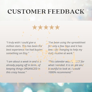 May include: A digital graphic with the text "CUSTOMER FEEDBACK" at the top. The graphic features customer reviews with star ratings, praising a product's positive impact on daily routines and organization. The reviews highlight the product's simplicity and beauty.