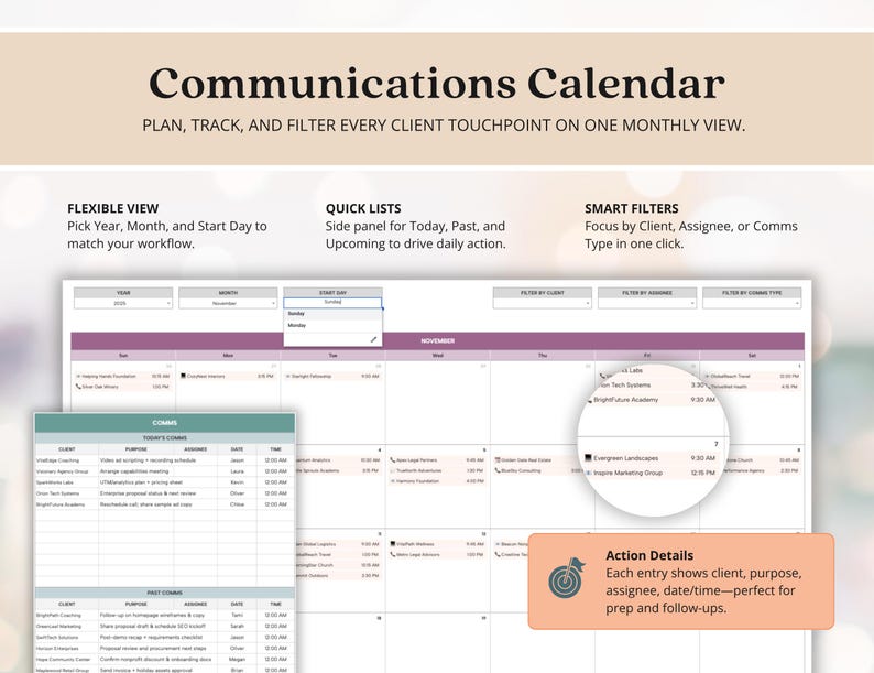 May include: A digital communications calendar with a monthly view. Features include flexible views, quick lists, and smart filters. The calendar displays client details, purpose, assignee, and date/time.