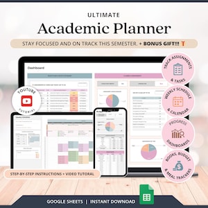 Academic Planner Google Sheets College Student Planner Spreadsheet School Assignment Tracker Student Calendar Monthly Book Tracker List