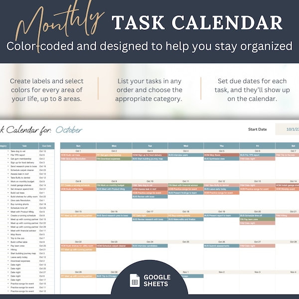 2024 Calendar, Task Calendar Color-coded Smart Calendar, Goal Planner Google Sheets Template, Digital Calendar Planner