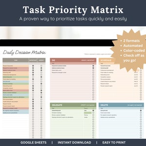 Op de afbeelding: Een laptopscherm dat een taakprioriteitsmatrix weergeeft met de titel "Dagelijkse Beslissingsmatrix". De matrix is verdeeld in vier kwadranten: Doen, Plannen, Delegeren en Verwijderen. Elk kwadrant bevat een lijst met taken met selectievakjes ernaast. De matrix is kleurgecodeerd met verschillende tinten groen, blauw en oranje. De tekst "Google Sheets", "Direct downloaden" en "Eenvoudig af te drukken" wordt onderaan het scherm weergegeven.