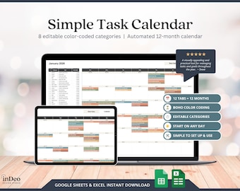 2026 Calendar Task Calendar Color-coded Smart Calendar Goal Planner Google Sheets Template Digital Calendar Planner Printable Monthly Tasks