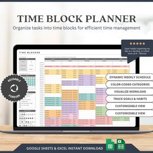 ADHD Weekly Daily Hourly Time Blocking Planner, Task Tracker Excel Template, Google Sheets Excel Daily Weekly Work Schedule Template