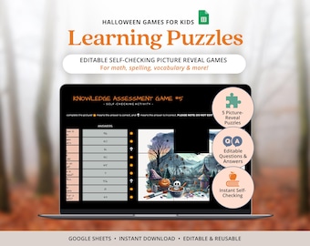 Halloween Digital Kids Puzzle Games Math Fraction Worksheets Picture Puzzle Quiz Template for Homeschool Curriculum Vocabulary Spelling