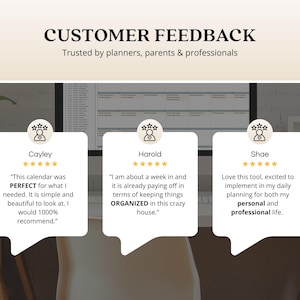 K&ouml;nnte beinhalten: Grafik mit Kundenfeedback und drei Testimonials. Der Text lautet: &bdquo;Vertraut von Planern, Eltern und Fachleuten&ldquo;. Jedes Testimonial befindet sich in einer Sprechblase mit einem Namen und einer 5-Sterne-Bewertung. Die Testimonials loben die Einfachheit und Organisation des Kalenders.