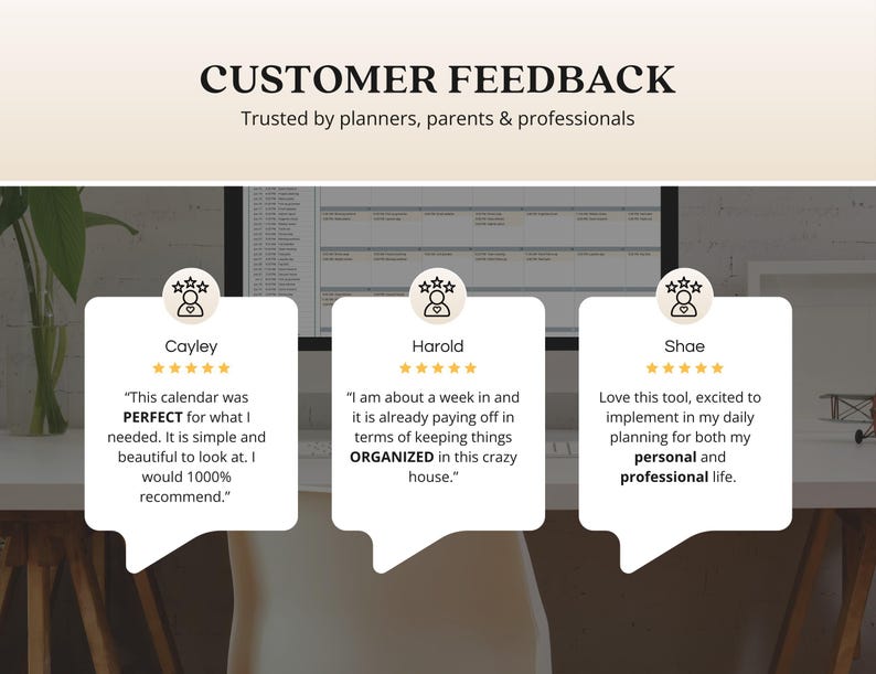 K&ouml;nnte beinhalten: Grafik mit Kundenfeedback und drei Testimonials. Der Text lautet: &bdquo;Vertraut von Planern, Eltern und Fachleuten&ldquo;. Jedes Testimonial befindet sich in einer Sprechblase mit einem Namen und einer 5-Sterne-Bewertung. Die Testimonials loben die Einfachheit und Organisation des Kalenders.