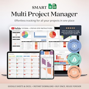 Puede incluir: Un panel de gestión de proyectos digital para Google Sheets y Excel titulado SMART Multi Project Manager. La pantalla muestra varios gráficos, listas de tareas y rastreadores de estado en un ordenador portátil, una tableta y un teléfono móvil.