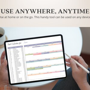 May include: A digital tablet displaying a June calendar with tasks listed for each day. The tablet is being held by a person's hands, with a stylus in the right hand. The text on the screen reads "Task Calendar for June".