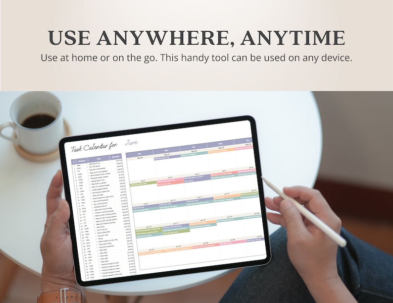May include: A digital tablet displaying a June calendar with tasks listed for each day. The tablet is being held by a person's hands, with a stylus in the right hand. The text on the screen reads "Task Calendar for June".