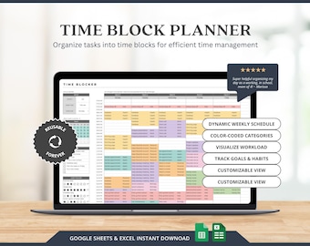 ADHD Weekly Daily Hourly Time Blocking Planner, Task Tracker Excel Template, Google Sheets Excel Daily Weekly Work Schedule Template