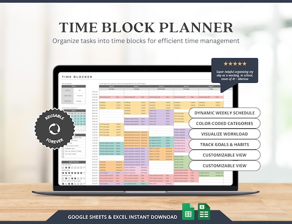 ADHD Weekly Daily Hourly Time Blocking Planner, Task Tracker Excel Template, Google Sheets Excel Daily Weekly Work Schedule Template
