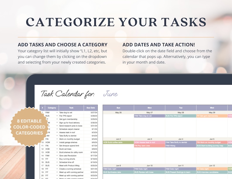 May include: A digital calendar for June with a list of tasks categorized by color. The categories include Family, Business, Fitness, and Home. The calendar is displayed on a computer screen.