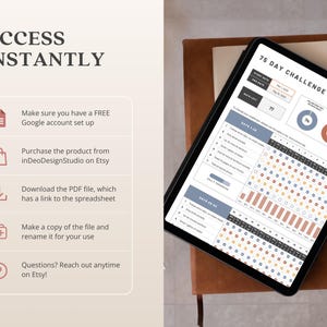 May include: A digital tablet displaying a 75-day challenge tracker with a checklist, progress bars, and circles. The tracker is designed to help users stay motivated and track their progress towards their goals. The tablet is on a brown leather notebook.