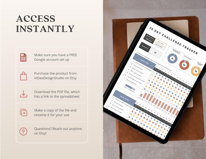 May include: A digital tablet displaying a 75-day challenge tracker with a checklist, progress bars, and circles. The tracker is designed to help users stay motivated and track their progress towards their goals. The tablet is on a brown leather notebook.