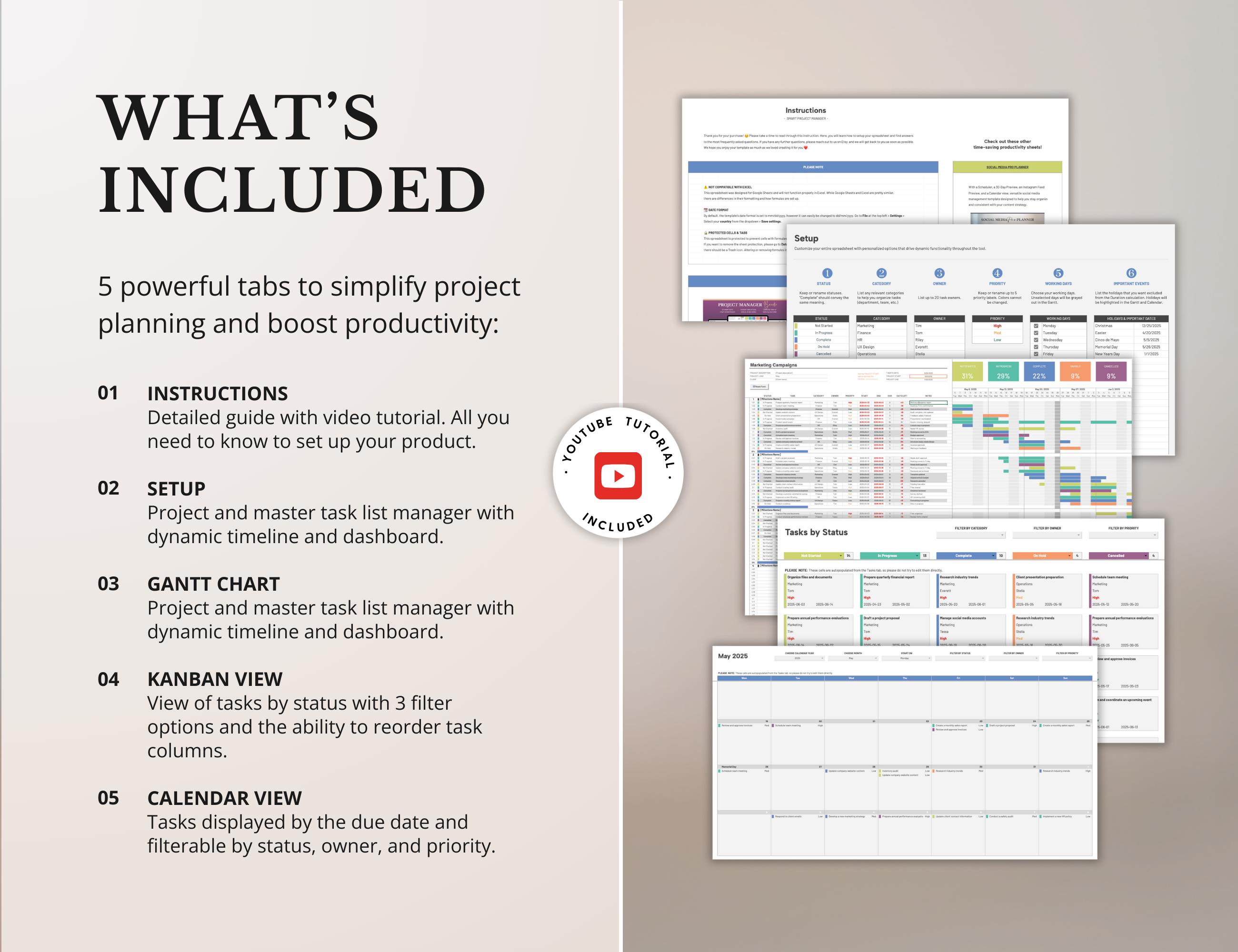Project Planner Template Project Management Tracker Sheet Gantt Chart ...