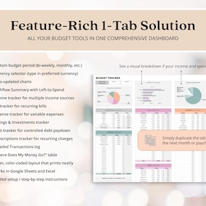 May include: A digital budget tracker with the text "Feature-Rich 1-Tab Solution." The spreadsheet includes charts, income and expense trackers, and a debt tracker. The text also mentions Google Sheets and Excel compatibility.
