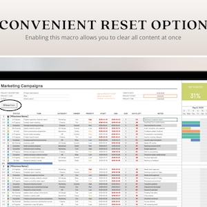 K&ouml;nnte beinhalten: Ein Tablet-Bildschirm zeigt eine Tabelle mit dem Titel "Marketing Campaigns". Der Bildschirm zeigt eine Tabelle mit verschiedenen Spalten und Zeilen, einschlie&szlig;lich eines Fortschrittsbalkens. Der Text "CONVENIENT RESET OPTION" steht oben, darunter der Text "Enabling this macro allows you to clear all content at once".
