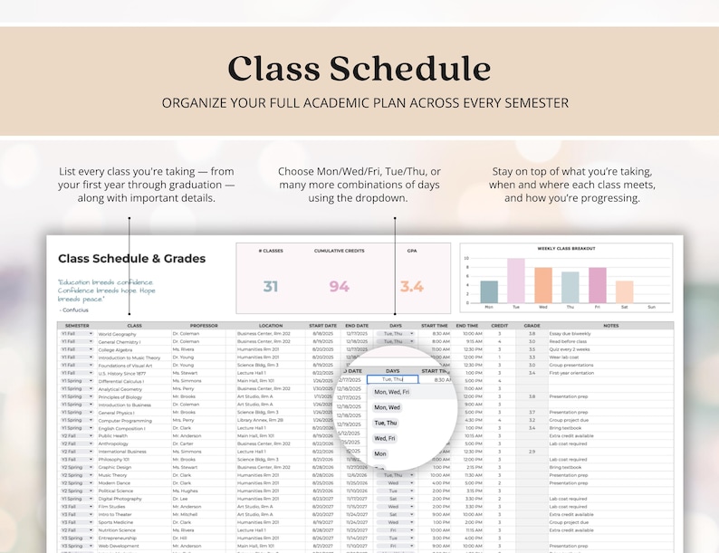 May include: A digital class schedule and grades spreadsheet template featuring a header with the text Class Schedule & Grades, a summary section with metrics, a bar chart, and a detailed table with columns for semester, class, professor, location, dates, and notes.