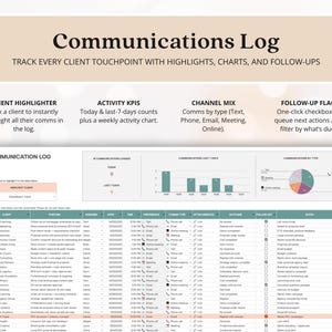 May include: A digital document titled "Communications Log" with the text "Track every client touchpoint with highlights, charts, and follow-ups." Features include client highlighter, activity KPIs, channel mix, and follow-up flag.