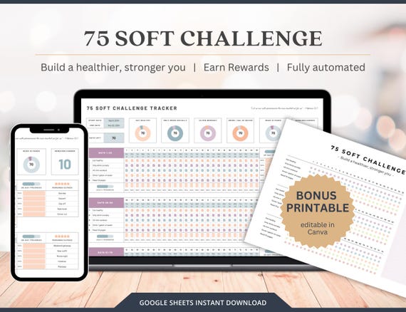 75 Soft Challenge Fitness Tracker Daily Habit Tracker Google Sheets Spreadsheet Template For Health and Wellness Planner Digital Download