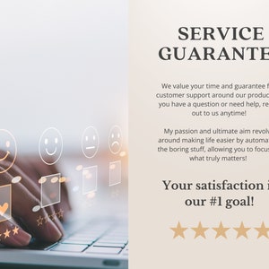 May include: A graphic with the text "SERVICE GUARANTEE" and a description of customer service and satisfaction. The graphic also includes a five-star rating and a series of smiley faces.