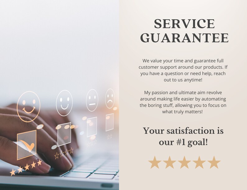 May include: A graphic with the text "SERVICE GUARANTEE" and a description of customer service and satisfaction. The graphic also includes a five-star rating and a series of smiley faces.