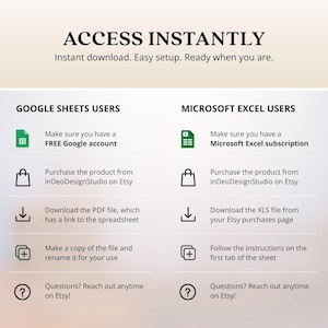 Może przedstawiać: Cyfrowy przewodnik po produkcie z instrukcjami dla użytkownik&oacute;w Google Sheets i Microsoft Excel. Tekst brzmi &bdquo;UZYSKAJ DOSTĘP NATYCHMIAST&rdquo; i zawiera szczeg&oacute;łowe informacje na temat pobierania i konfigurowania produktu. Zawiera ikony i kroki.