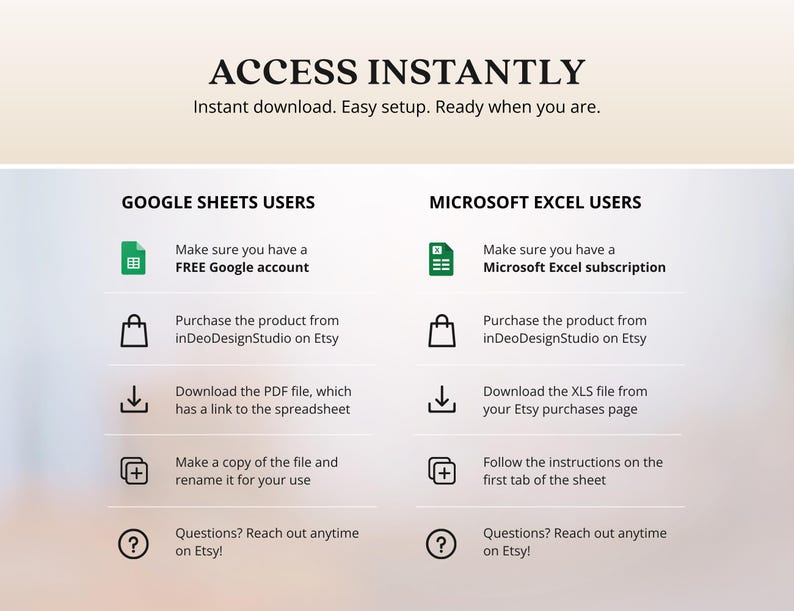 Może przedstawiać: Cyfrowy przewodnik po produkcie z instrukcjami dla użytkownik&oacute;w Google Sheets i Microsoft Excel. Tekst brzmi &bdquo;UZYSKAJ DOSTĘP NATYCHMIAST&rdquo; i zawiera szczeg&oacute;łowe informacje na temat pobierania i konfigurowania produktu. Zawiera ikony i kroki.