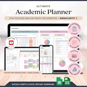 Puede incluir: Un planificador académico digital que se muestra en una computadora portátil, tableta y teléfono inteligente. El planificador incluye secciones para tareas, horarios semanales, seguimiento del progreso y gestión presupuestaria. La imagen también presenta un icono de tutorial de YouTube.