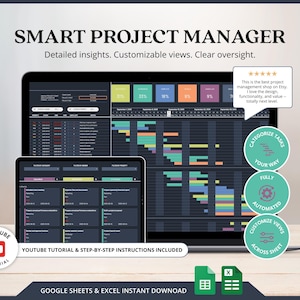 May include: A laptop and tablet displaying a project management dashboard with colorful charts and data. The image includes the text "SMART PROJECT MANAGER" and icons for YouTube, Google Sheets, and Excel. The design is for instant download.