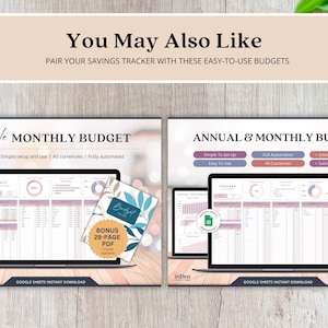 May include: Two laptops displaying budget spreadsheets, with the text "Simple Monthly Budget" and "Annual & Monthly Budget." A bonus 29-page PDF is also shown. The text "You May Also Like" is at the top.