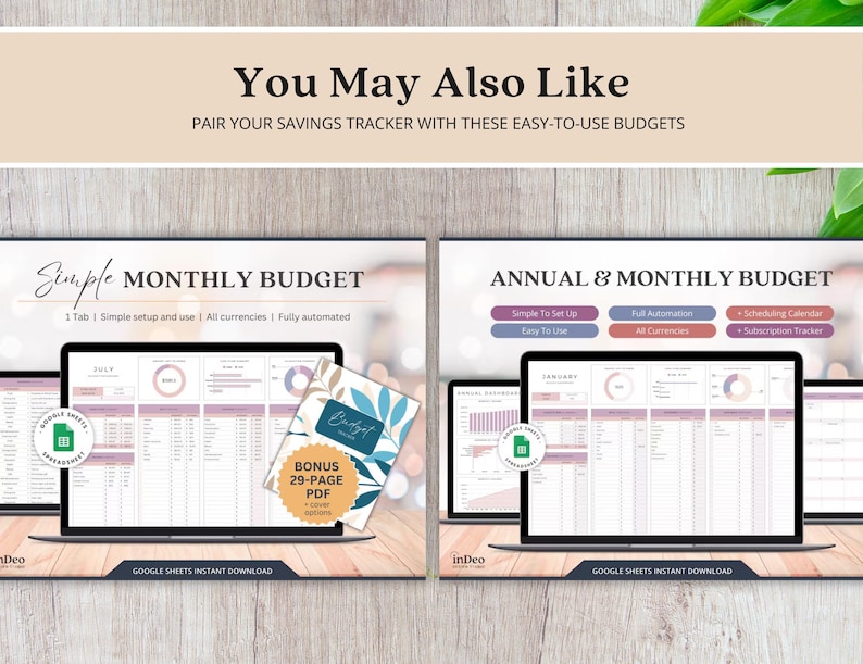 May include: Two laptops displaying budget spreadsheets, with the text "Simple Monthly Budget" and "Annual & Monthly Budget." A bonus 29-page PDF is also shown. The text "You May Also Like" is at the top.