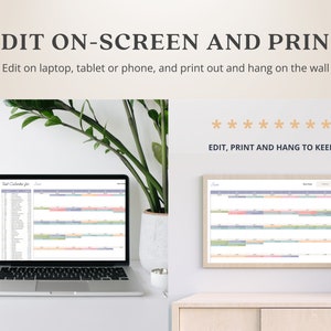 May include: A digital calendar template displayed on a laptop screen and a printed version hanging on a wall. The calendar is titled "Task Calendar for [month]" and features a colorful design with different colored bars representing tasks.