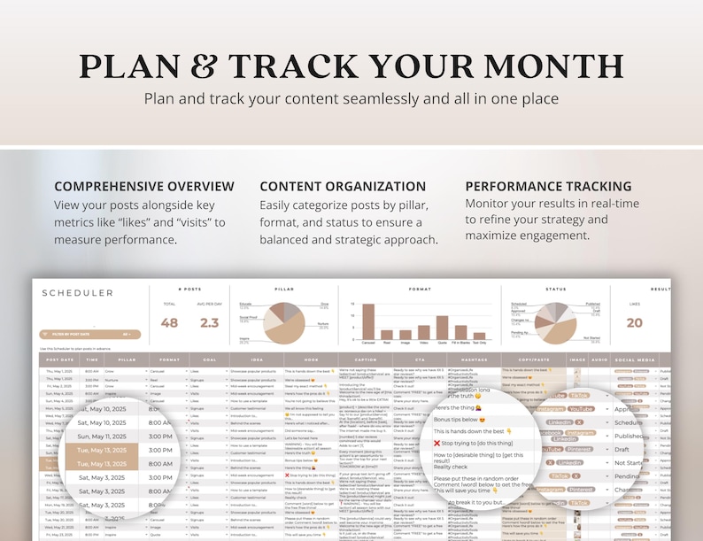 May include: A digital planner with the text "PLAN & TRACK YOUR MONTH" and a detailed content schedule. The planner includes sections for comprehensive overview, content organization, and performance tracking, with charts and data.