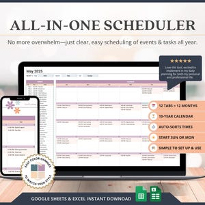 Puede incluir: Un portátil y un smartphone muestran un planificador digital con un diseño morado y blanco. La pantalla muestra "ALL-IN-ONE SCHEDULER" y "May 2025". Las características incluyen un calendario de 10 años y clasificación automática de horarios.