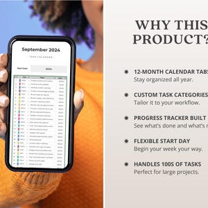 May include: A smartphone displays a task calendar for September 2024. The screen shows a list of tasks with start dates and categories. Text on the right side reads "WHY THIS PRODUCT?" with features like "12-MONTH CALENDAR TABS" and "CUSTOM TASK CATEGORIES."